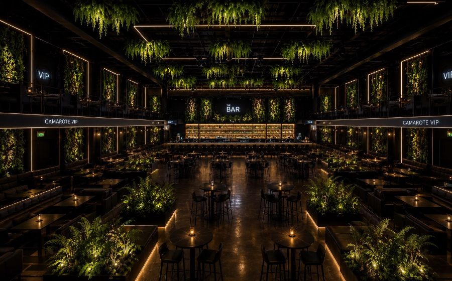 Projeto do The Hall: salão com bar central, camarotes VIP no mezanino e jardins verticais iluminados